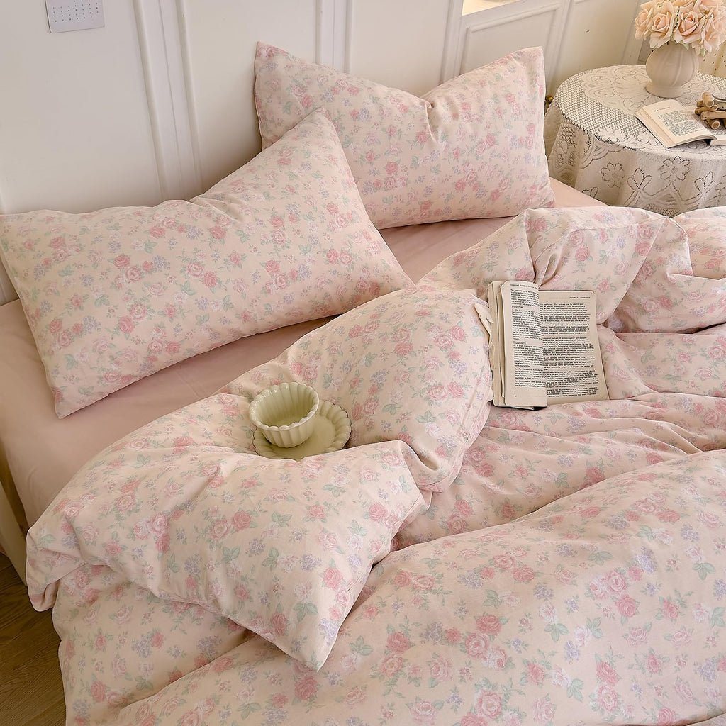 Vintage Floral Duvet Cover Set, Pink Flower Coquette Duvet Cover Muslin Cotton Gauze Bedding Set, Cottagecore