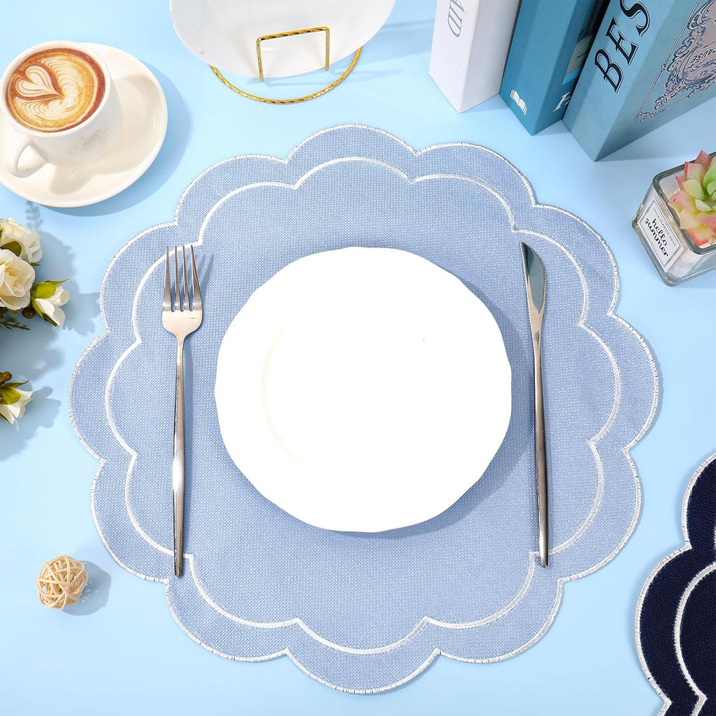 Dusty Blue Linen Placemats Embroidered Round Scalloped Kitchen Table Mats for Spring Easter Party Home Dining Table - Set of 6