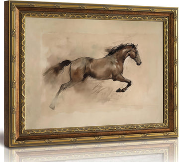 Vintage Gold Framed Running Horse Wall Art, Rustic Farmhouse Wall Decor