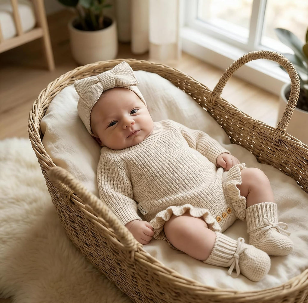 Cotton Newborn Set with Knit Sweater, Hair Band, Booties, Baby Girls