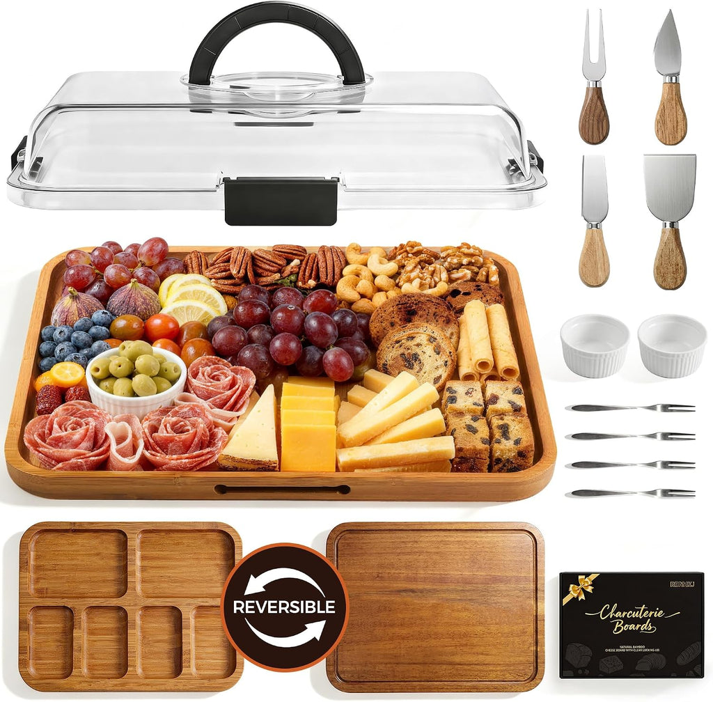 Charcuterie Board with Lid, Carbonized Bamboo, Knives Set and Bowls | Portable Double-Sided Locking Design, Cheese
