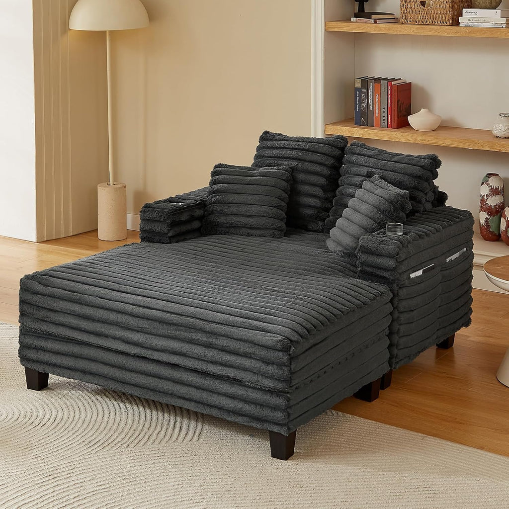64" Oversized Chaise Lounge Chair with Wood Frame, 2 Cup Holders | 4 Storage Pockets, Plush Corduroy Fabric