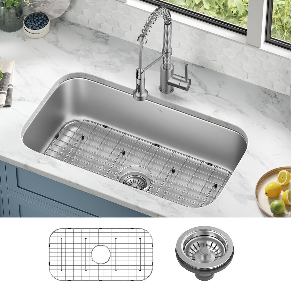 Stainless Steel 32 in 18 Gauge Undermount Kitchen Sink KBU44 | 18-gauge T304 stainless steel, rear-set drain, rounded