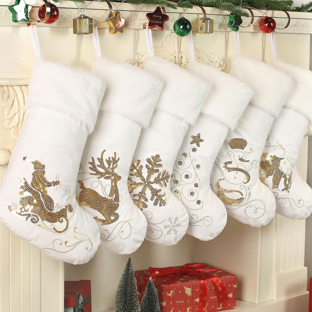 Large White Velvet Christmas Stockings Set of 6 with Gold Embroidery