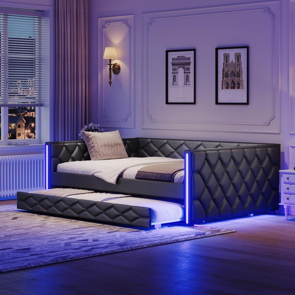 Full XL Size Upholstered Daybed with Pop Up Trundle, Multi-Functional PU Leather Sofa Bed with Backrest and Two