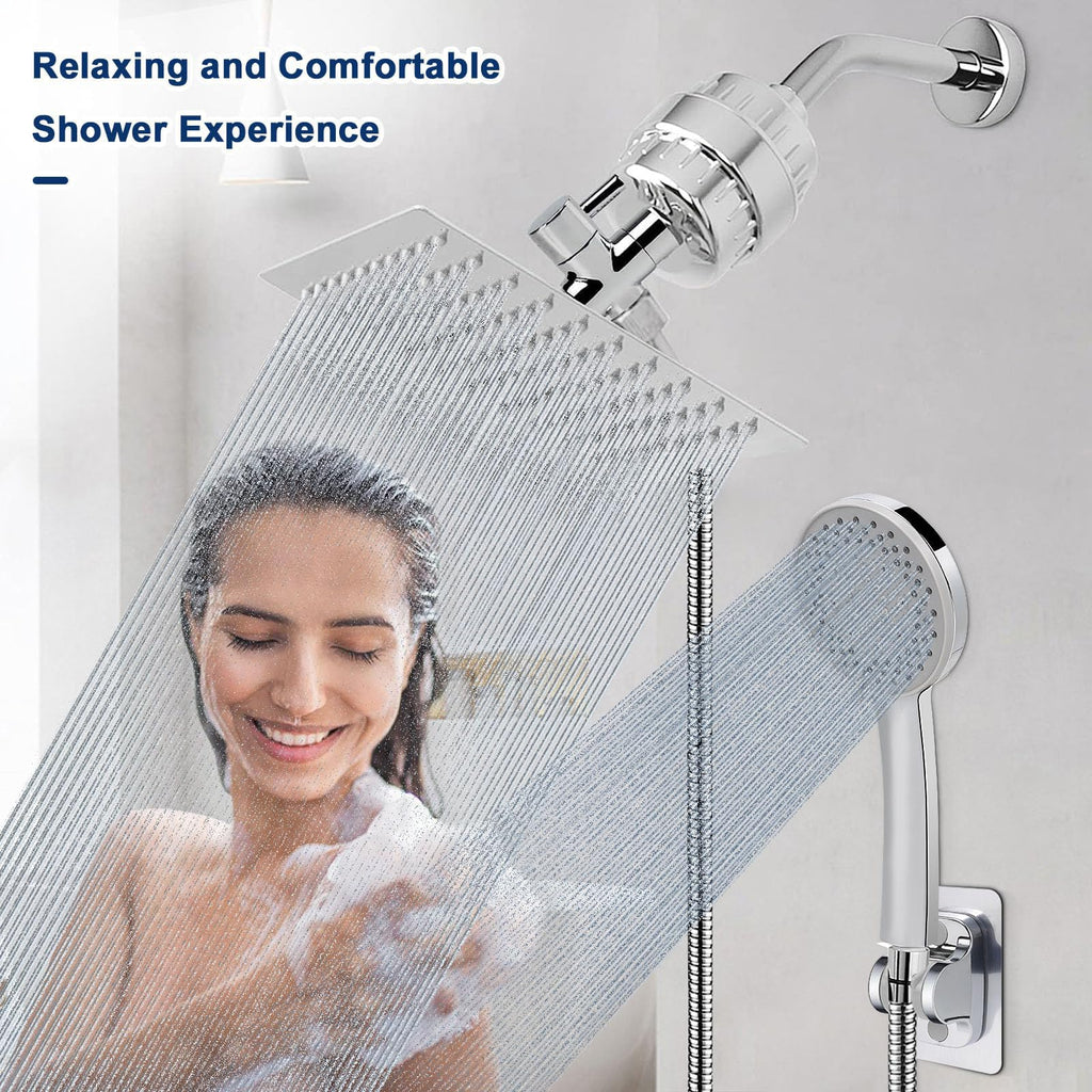 Filtered Shower Head, High Pressure 8′′Square, 5 settings Handheld Rain Shower Filter Combo with Self-adhesive