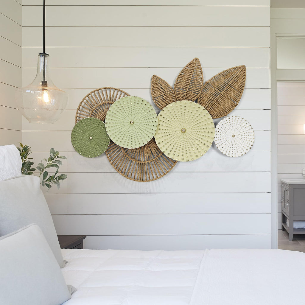 Boho Woven Wall Decor- Rattan Leaf & Circular 3D Wall Art Decor, 35"x 26" Large Hanging Decoration in Sage & Beige