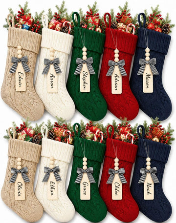 18 Inch Christmas Stockings, 10 Pack Red White Green Khaki Navy | Set of 10 knit stockings: 2 each in white, red