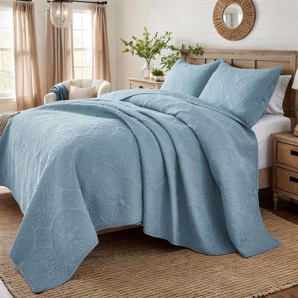Blue Quilt Set Cotton Queen Chic Medallion Matelasse Coverlet 3PC