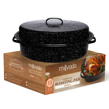 Roasting Pan With Lid, Turkey Roaster Pan, 13" Granite Oven Roaster Oval Shaped Speckled Enamel on Steel Cookware