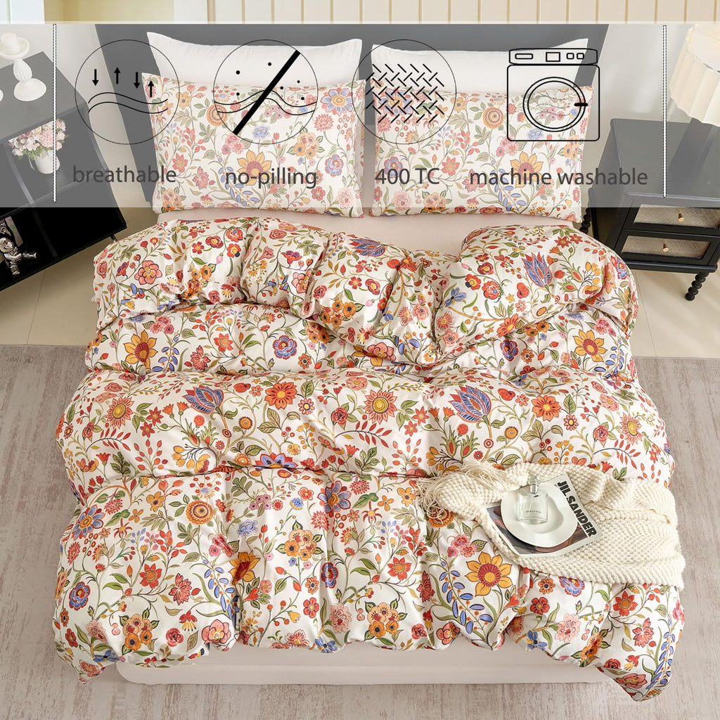 Floral Duvet Cover Set Queen Size 100% Percale Cotton Boho Comforter Cover with Zipper, Soft Breathable, 3Pcs-Not