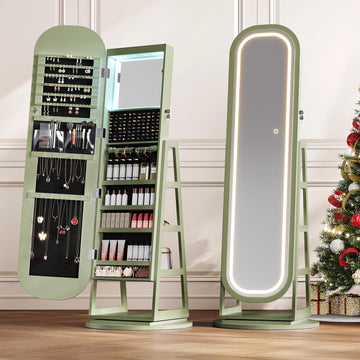 360° Swivel Jewelry Mirror Cabinet with Lights, Green