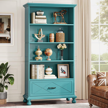 71-Inch Tall Bookcase with Drawer, 6-Tier Bookshelf, Ocean Blue