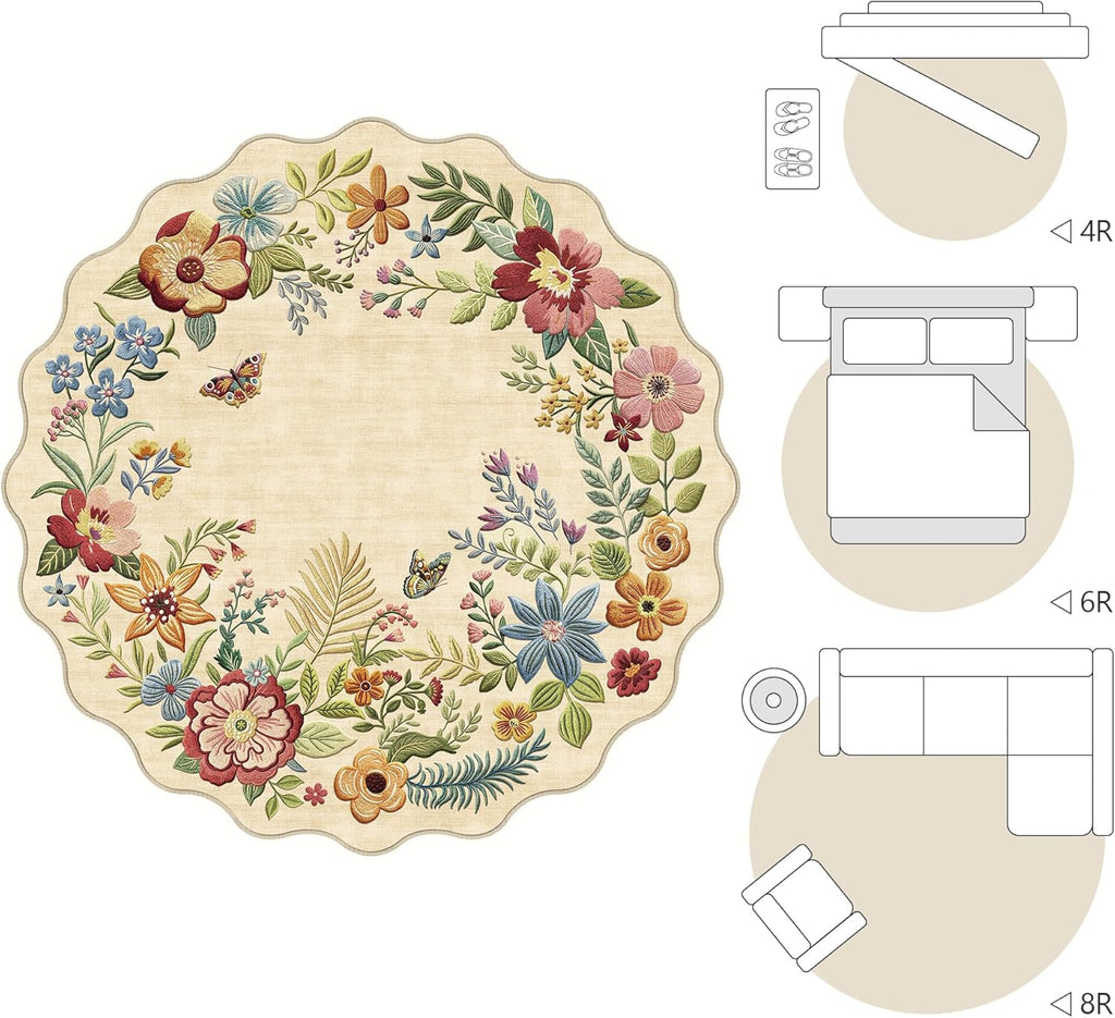 8ft Round Floral Washable Area Rug Beige Neutral Vintage Flower Botanical Cottage Boho Cream Scallop
