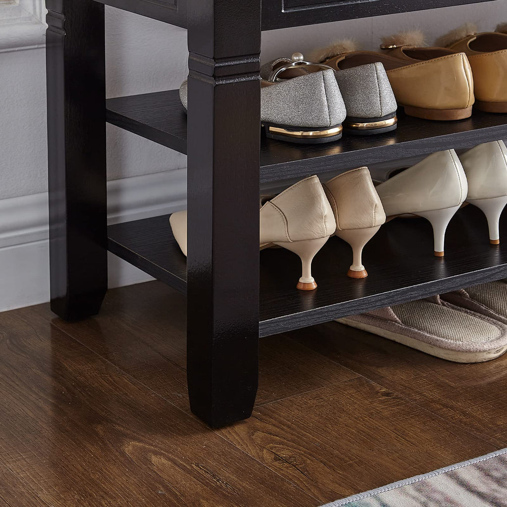 Shoe Storage Bench with Cushion, Entry Bench with Storage Solid Wood Shoe Bench Ideal Living Room and Corridor