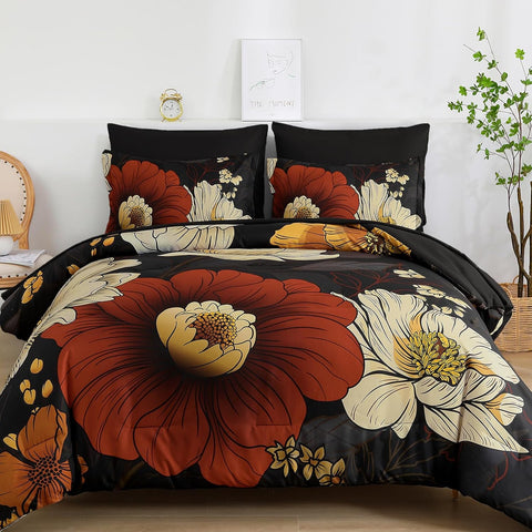 Xruibed Black Floral Comforter Set Queen 7 Pieces Bed in a Bag Flower Bedding Sets Lightweight Boho Bed Set with