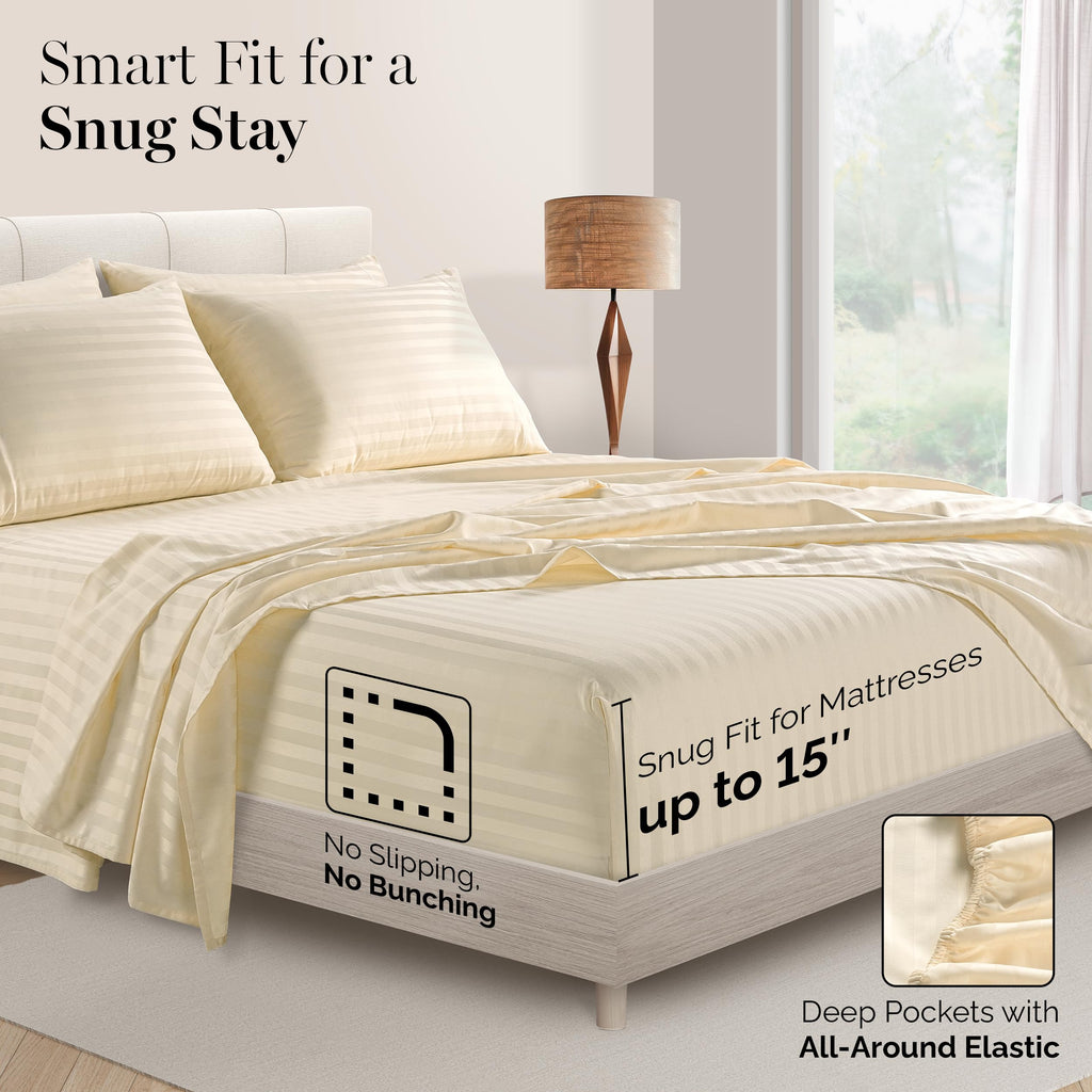 100% Egyptian Cotton Sheets Full Size Set - 6 Pieces - Damask Stripe- Ultra Smooth Sateen Weave Bed Sheets Set with