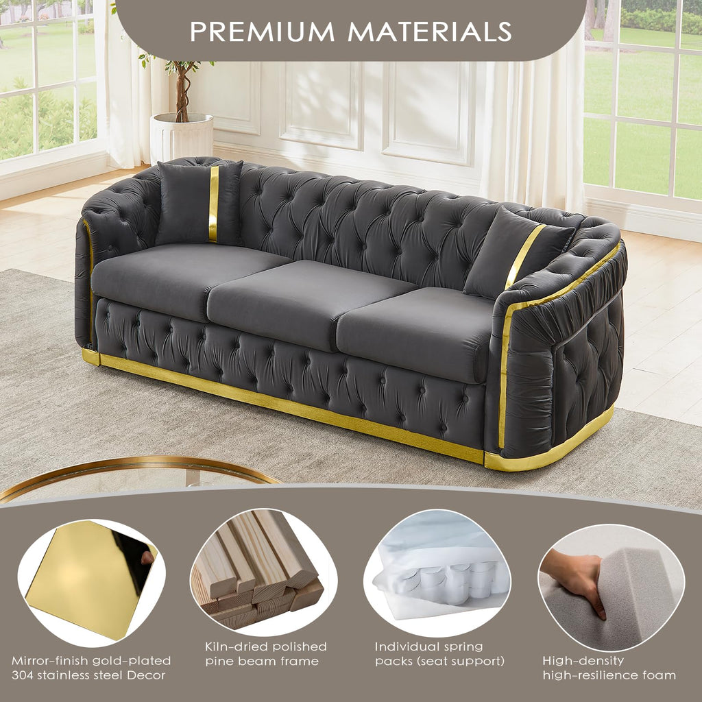 2 Piece Luxury Chesterfield Sofa Set, Tufted Grey and Gold Couch and Loveseat Sets with Golden Decor & 4 Pillows, Mid