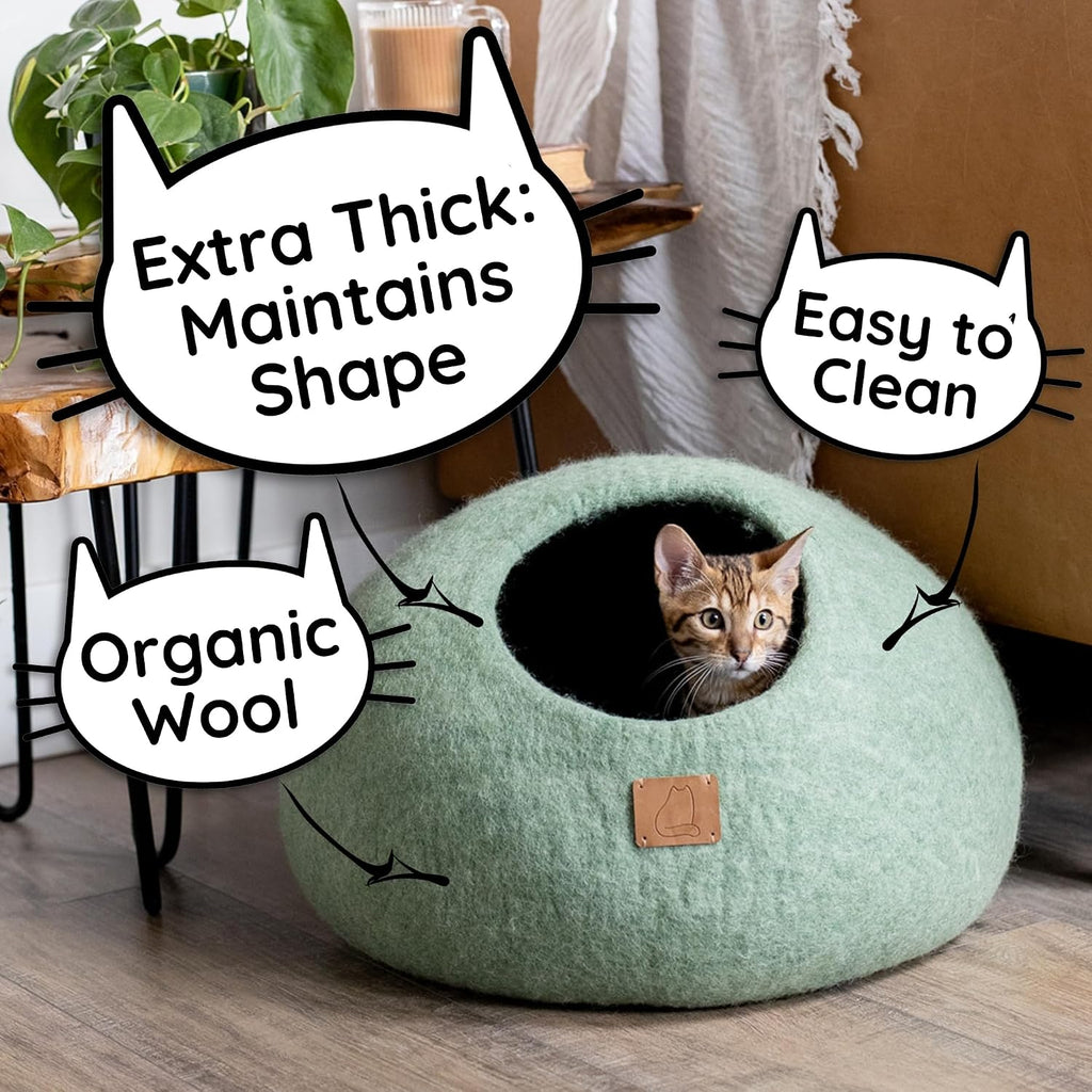 Extra Thick Felted Wool Cat Cave Bed Your Pet Will Love - Cozy and Warm Hideaway for Sleeping & Relaxing - Large
