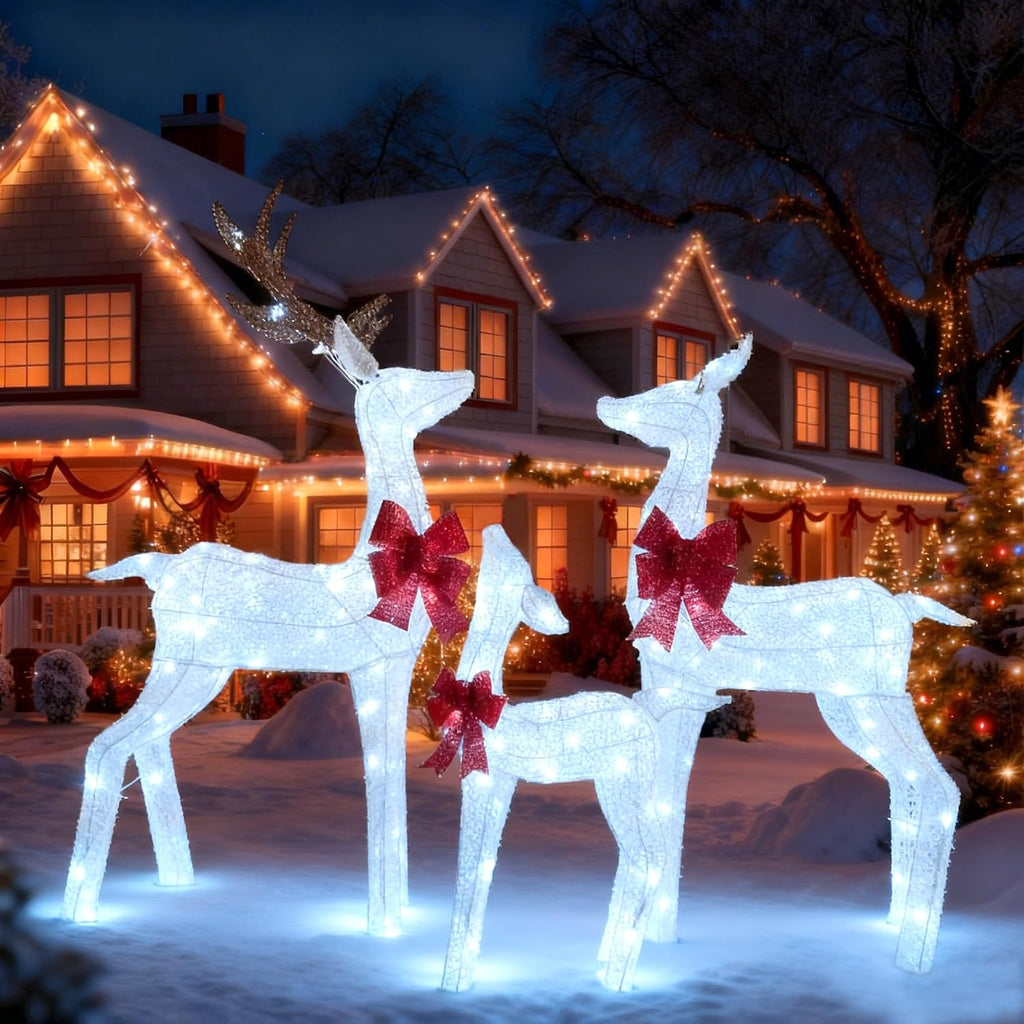 3-Piece Pre-Lit 3D Reindeer Family Decor, Outdoor Christmas Deer Set with Cool White & Colorful LED Lights,Waterproof