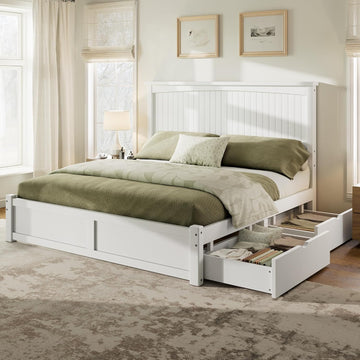 Solid Wood Full Storage Bed Frame with Headboard, Platform Bedframe with 2 Storage Drawers, Beadboard Design & Wooden