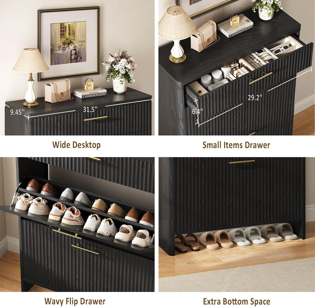 Fluted Shoe Storage Cabinet , Narrow Wooden Shoe Cabinet with 2 Flip Drawers & Pull-Out Drawer, Modern Freestanding
