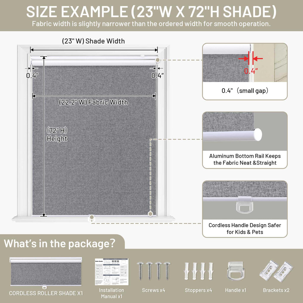 Blackout Cordless Roller Shades Blinds, Custom Size, Grey