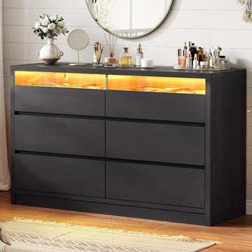 5 Drawer Dresser with LED Light, Modern Chest of Drawers with Hidden Handles, Tall Wooden Dresser Closet - Oak