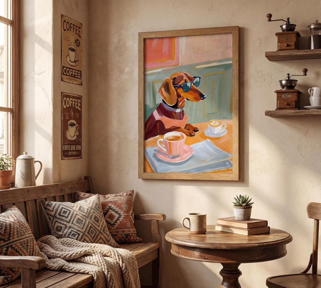 Framed Dachshund Wall Art Funny Dog with Sunglasses Drinking Coffee Poster Whimsical Wiener Dog Decor, Coffee Bar