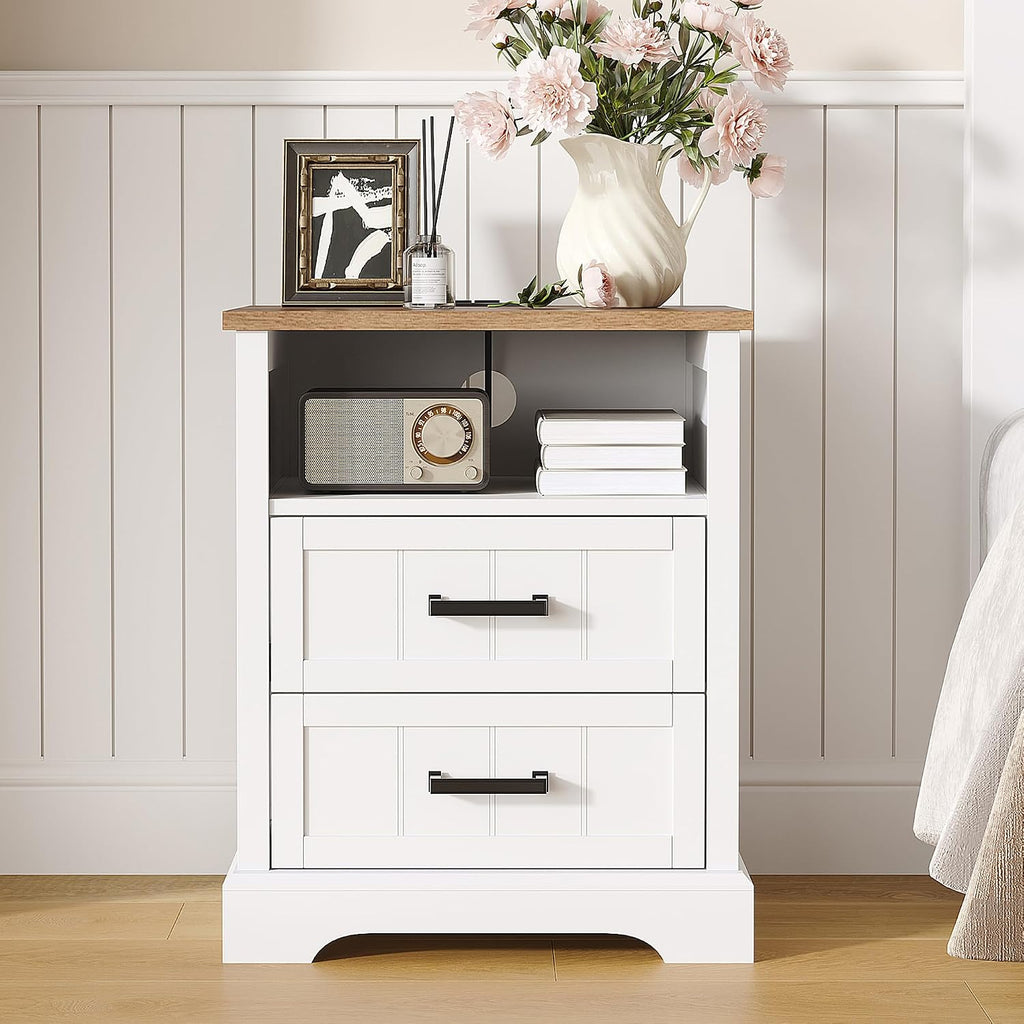 Farmhouse Night Stands with Charging Station, Wood Nightstand Set of 2 with 2 Drawers, Bedside Table with Open