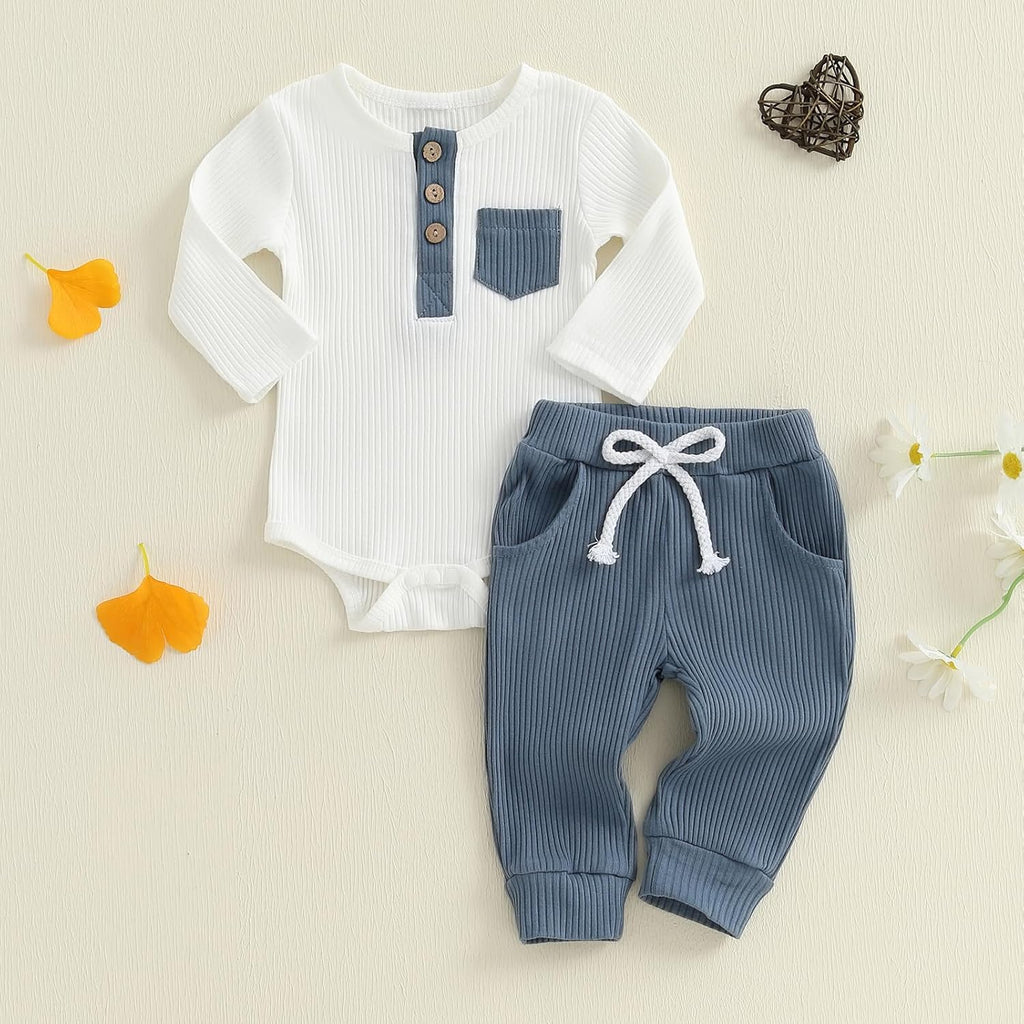 Baby Boy Clothes 3 6 12 Ribbed Knitted Long Sleeve Romper and Pants Sets Newborn Fall Splicing Color Outfits