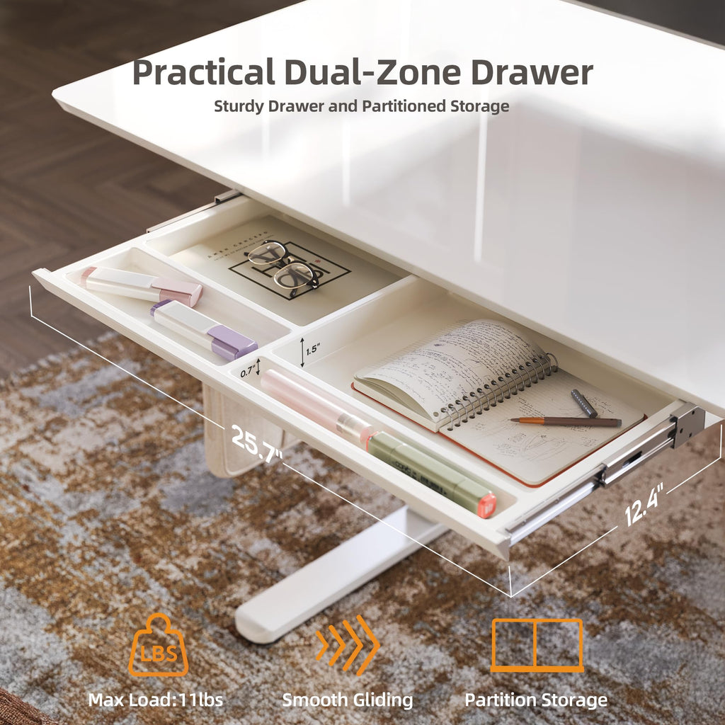 Glass Standing Desk with Drawers 40x24 Inch Super White