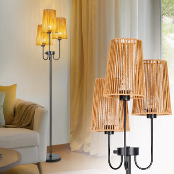 3-Lights Boho Floor Lamp with Rattan Shades & 3 Color Temp Bulbs