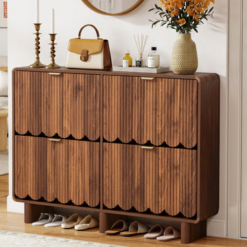 Fluted Narrow Shoe Storage Cabinet with 4 Flip Drawers, Walnut