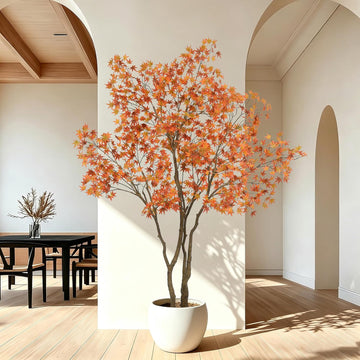 Maple Tree 7FT - Large Faux Plant Indoor with 1104 Orange Red Leaves & Realistic Trunk, 84" Tall Fake Autumn Maple