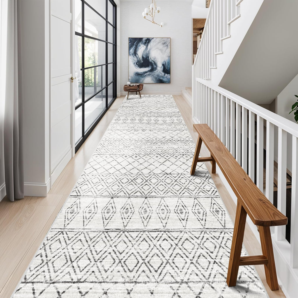 2'6"x14' Runner Rug Moroccan Washable: Hallway Non Slip Bedroom Rug Grey