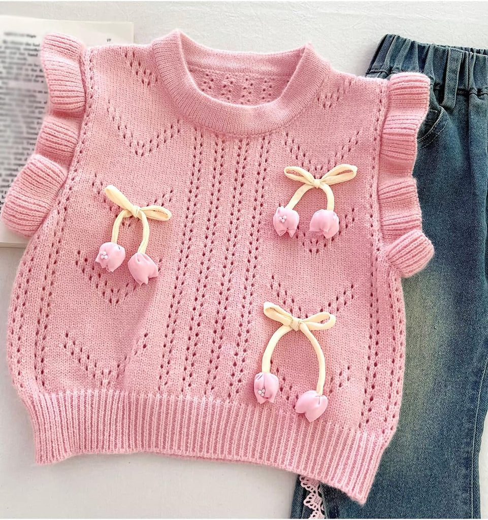 Toddler Girl 3 Piece Set Long Sleeve Shirt with Lace Bow Knitted Vest & Denim Jeans Girls Clothing Sets Fall