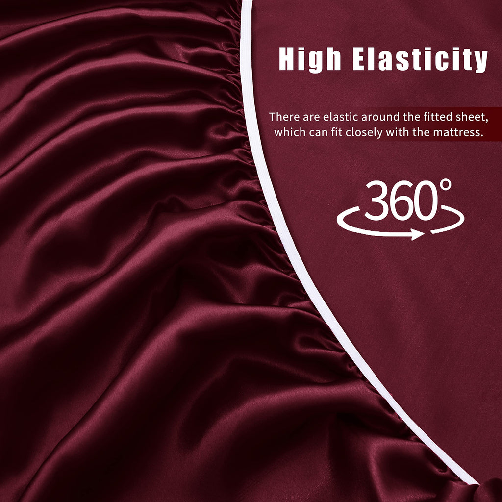 4pcs Burgundy Satin Sheets Queen Set, 15-Inch Deep Pocket