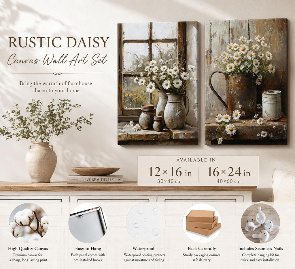 2Pcs Farmhouse Daisy Wall Art Country Bathroom Wall Decor