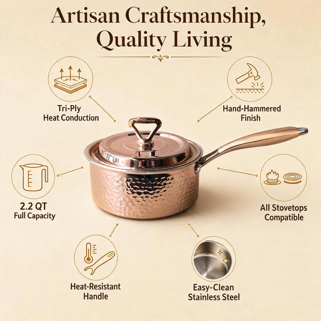 2.2QT Copper Saucepan with Lid, Hammered Stainless Steel Cookware Pot