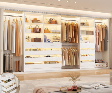 Closet System with 12 Drawers, 8.5-11.5Ft Wood Closet Organizer System with 4 Hanging Rods & 3 Towers, 4Ft & 6Ft