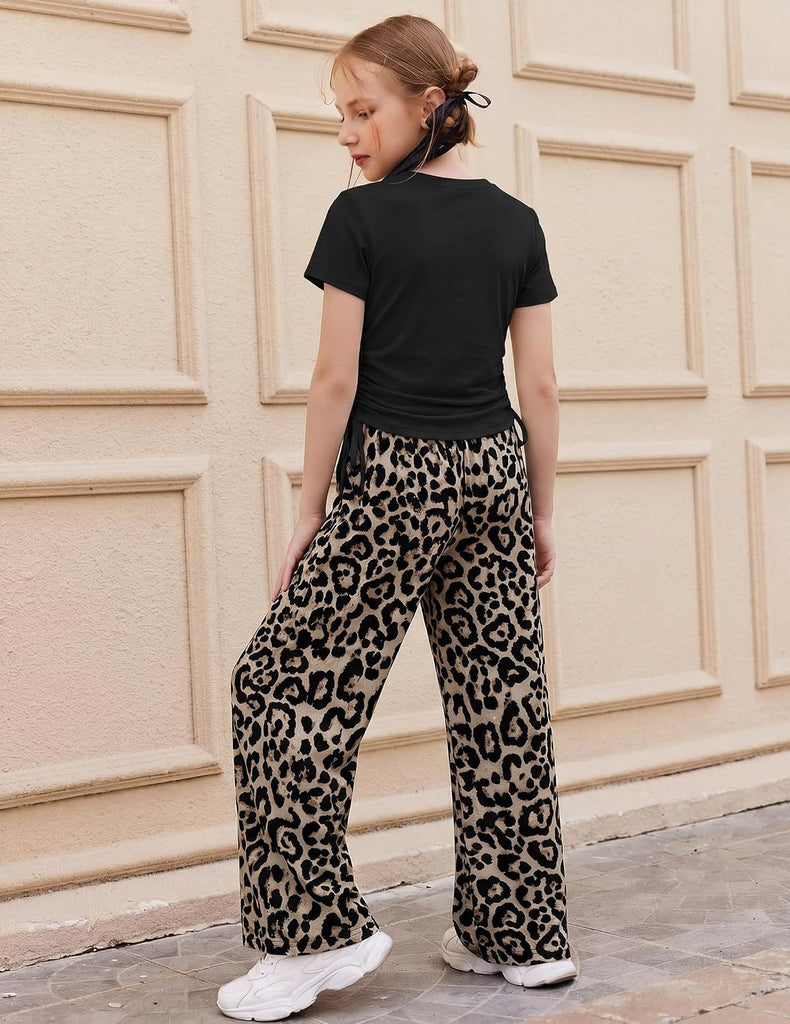 Girls 2 Piece Outfit Ruched Drawstring Tops and Wide Leg Pants Set