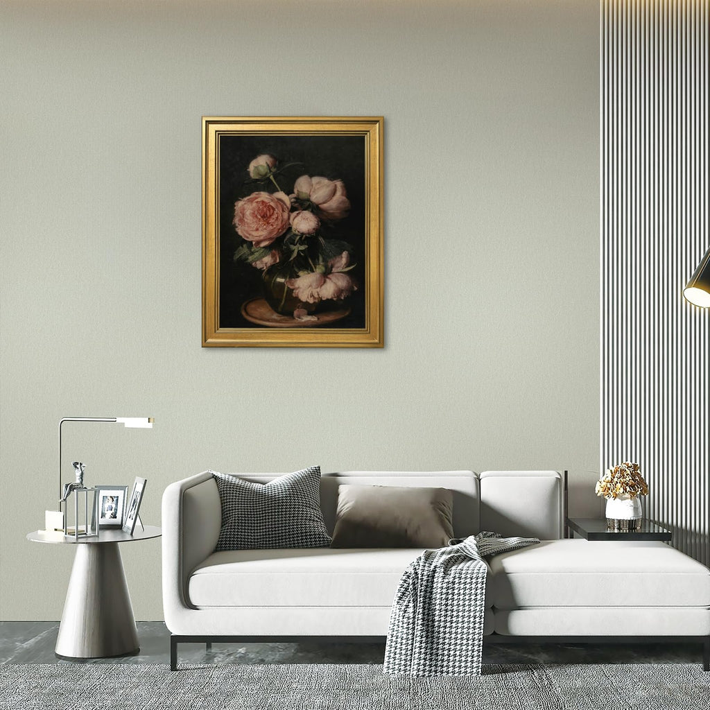 Gold Framed Vintage Floral Still Life Painting Moody Pink Peony Wall Art Canvas Print Dark Academia Flower Peonies