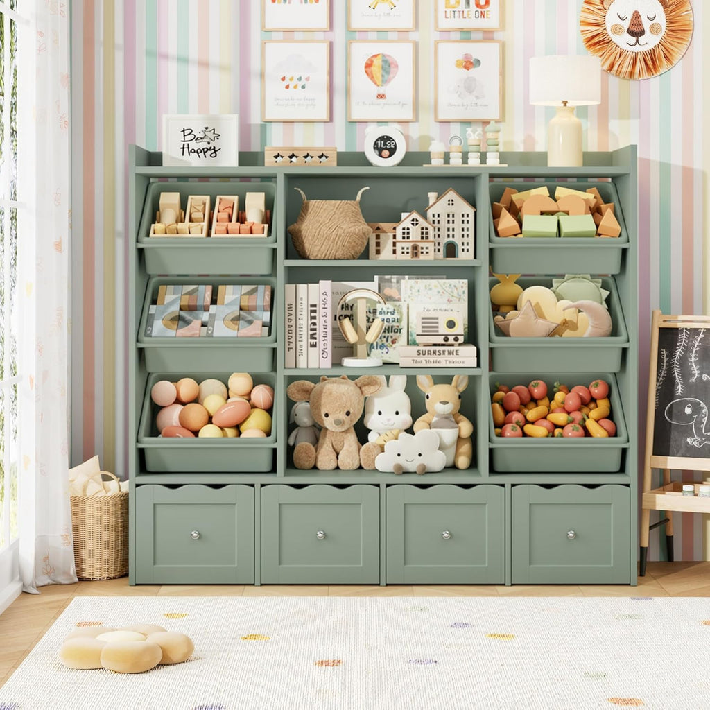 55" W Kids Toy Storage Organizer with 10 Toy Box & Book Shelf, Green | Large Toy Organizers and Storage with Kids