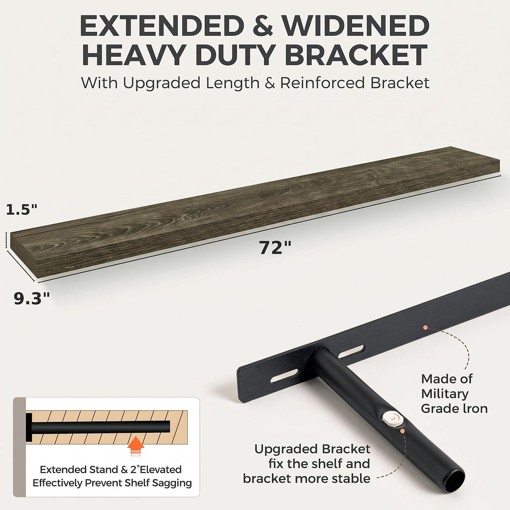 72in Floating Shelves, 9.25" Deep x 1.5" Thick Floating Shelves for Wall, Wooden Shelves, 1 Pack, Grey Oak
