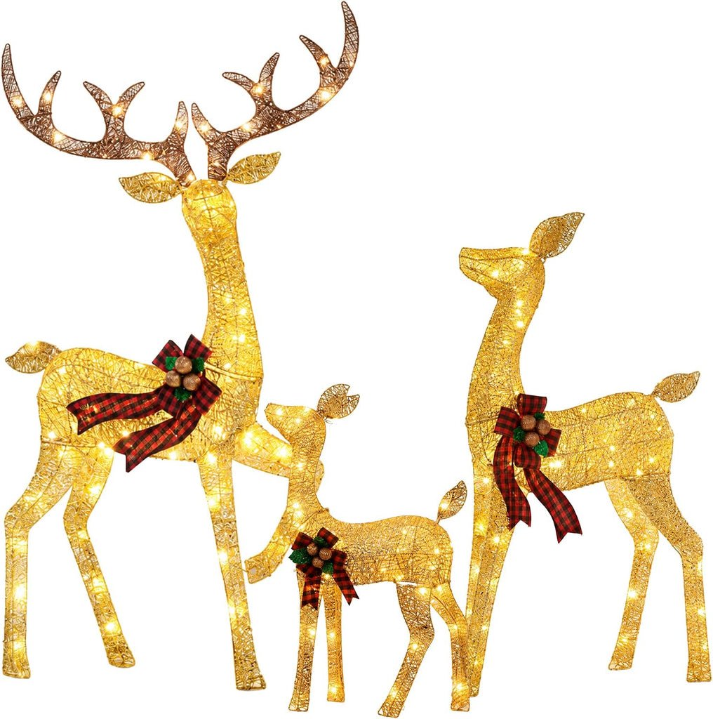 4.83FT 3-Piece Large Lighted Christmas Deer Family Set Gold
