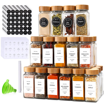 Spice Jars with Label 24Pcs,Seasoning Containers,Glass Spice Jars with Bamboo Lids,Kitchen Essentials,Spices