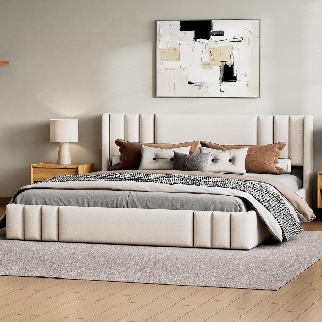 Floor Upholstered Bed Frame with Wingback Headboard