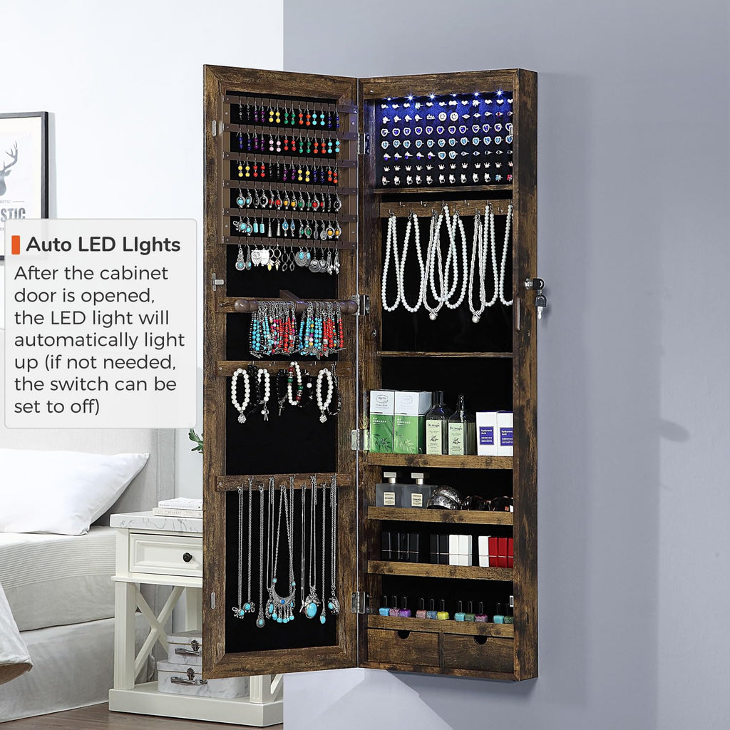 Jewelry Organizer Full Length Mirror Jewelry Cabinet Standing/Wall Mounted Jewelry Armoire Storage with Lights