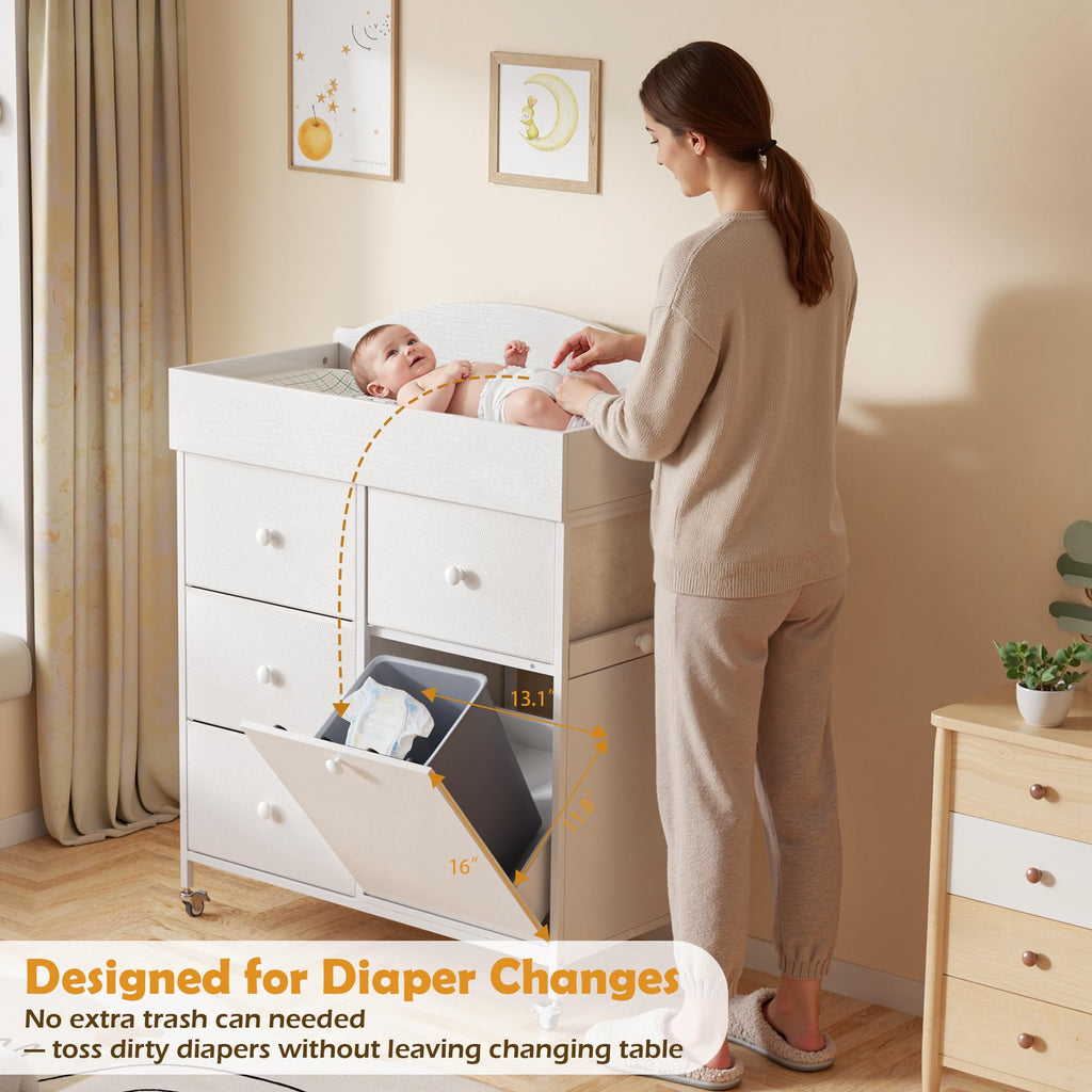 Baby Dresser with Changing Table Top, 4-Drawers Changing Table Dresser with Tile-Out Trash Cabinet and Pull-Out